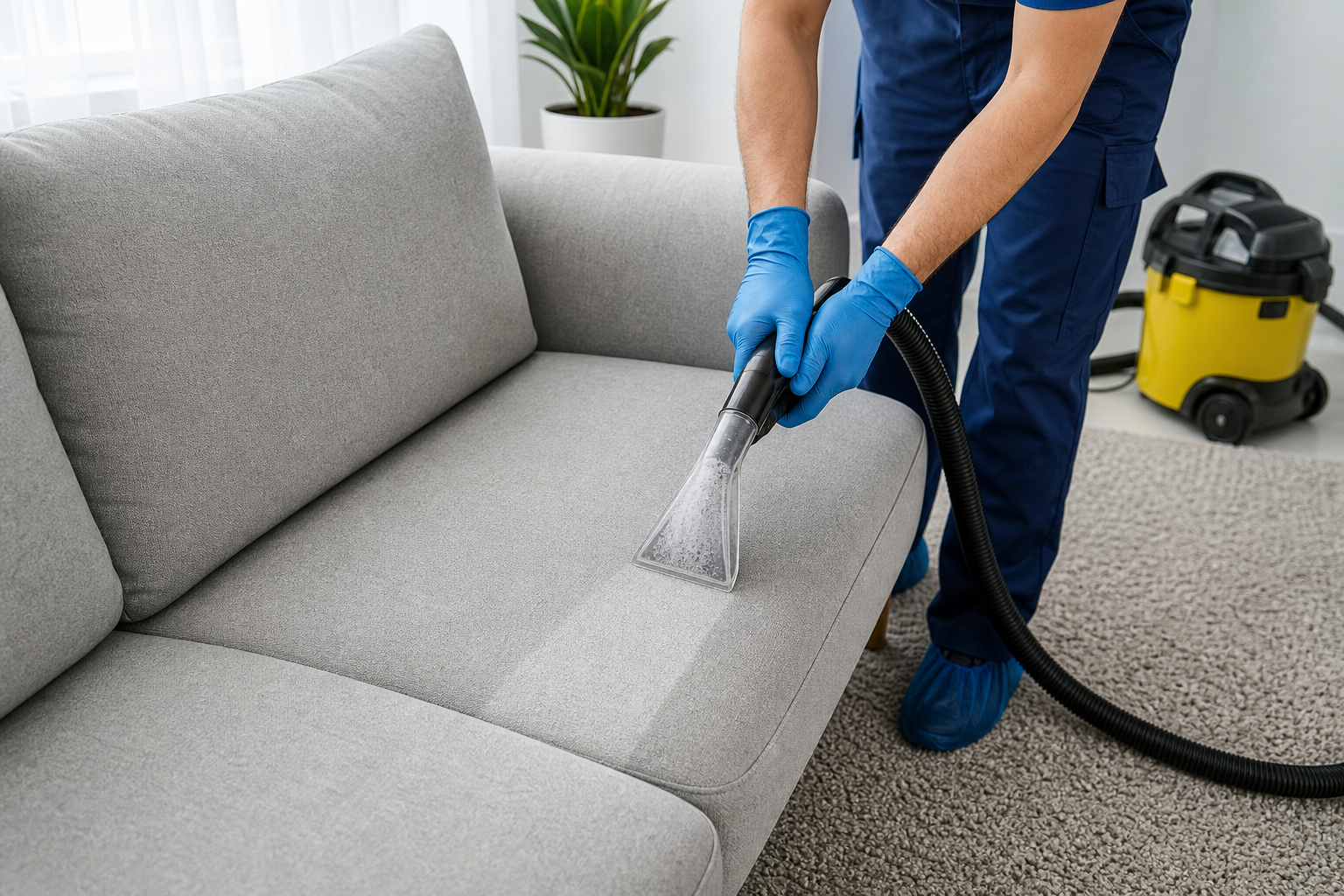 Cleaner using extraction tool on light fabric sofa and carpet for refreshed upholstery care