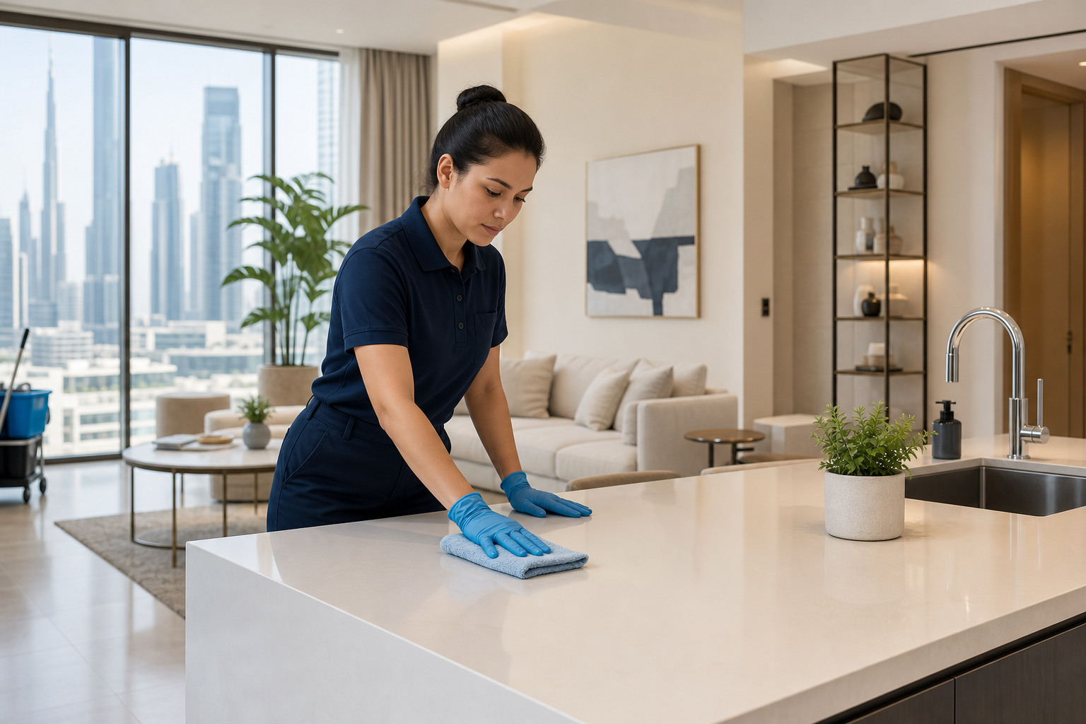Professional cleaner finishing a bright modern interior with spotless counters and tidy surfaces