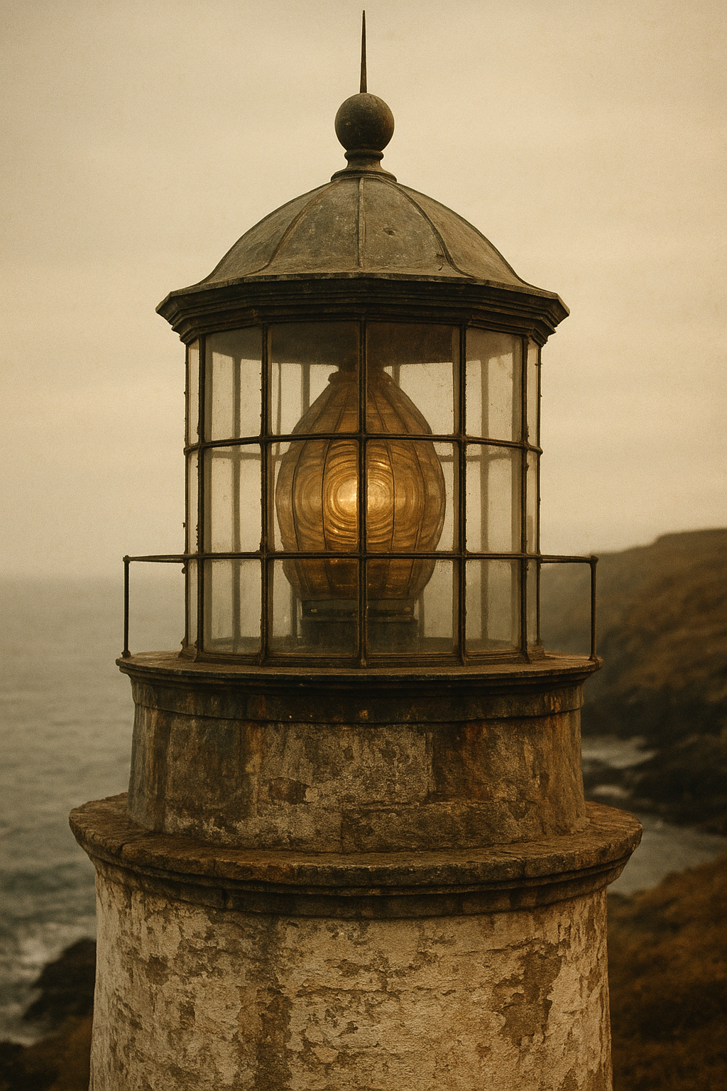 Warm film-toned close view of coastal lighthouse lantern room metalwork and weathered stone