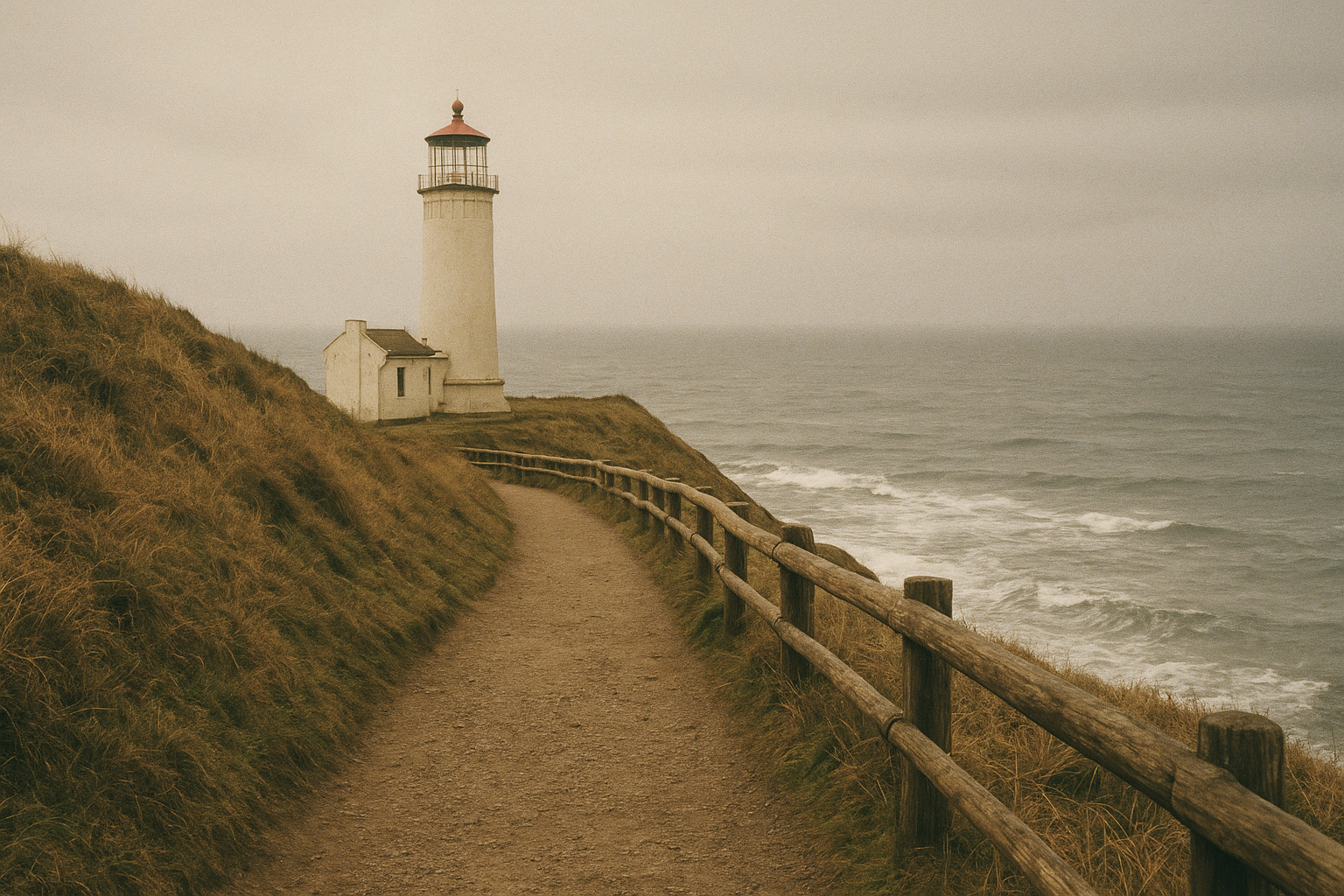 Narrow cliffside approach path to lighthouse with wooden rail fence and surf below