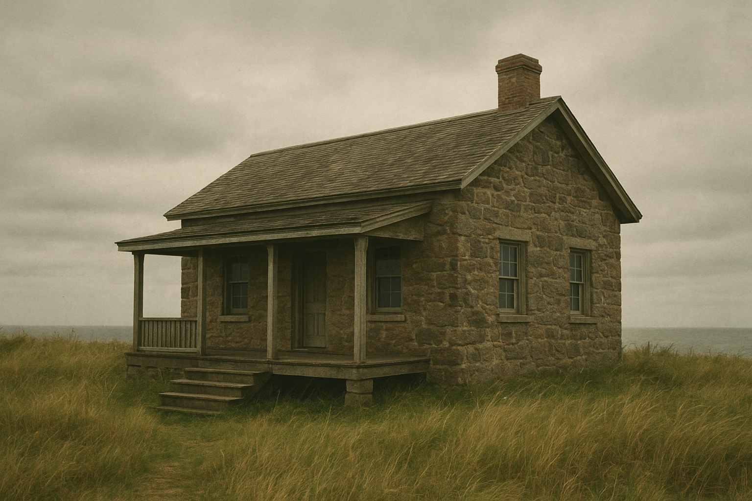 Stone keeper dwelling with timber veranda and rain-darkened steps beside low grass