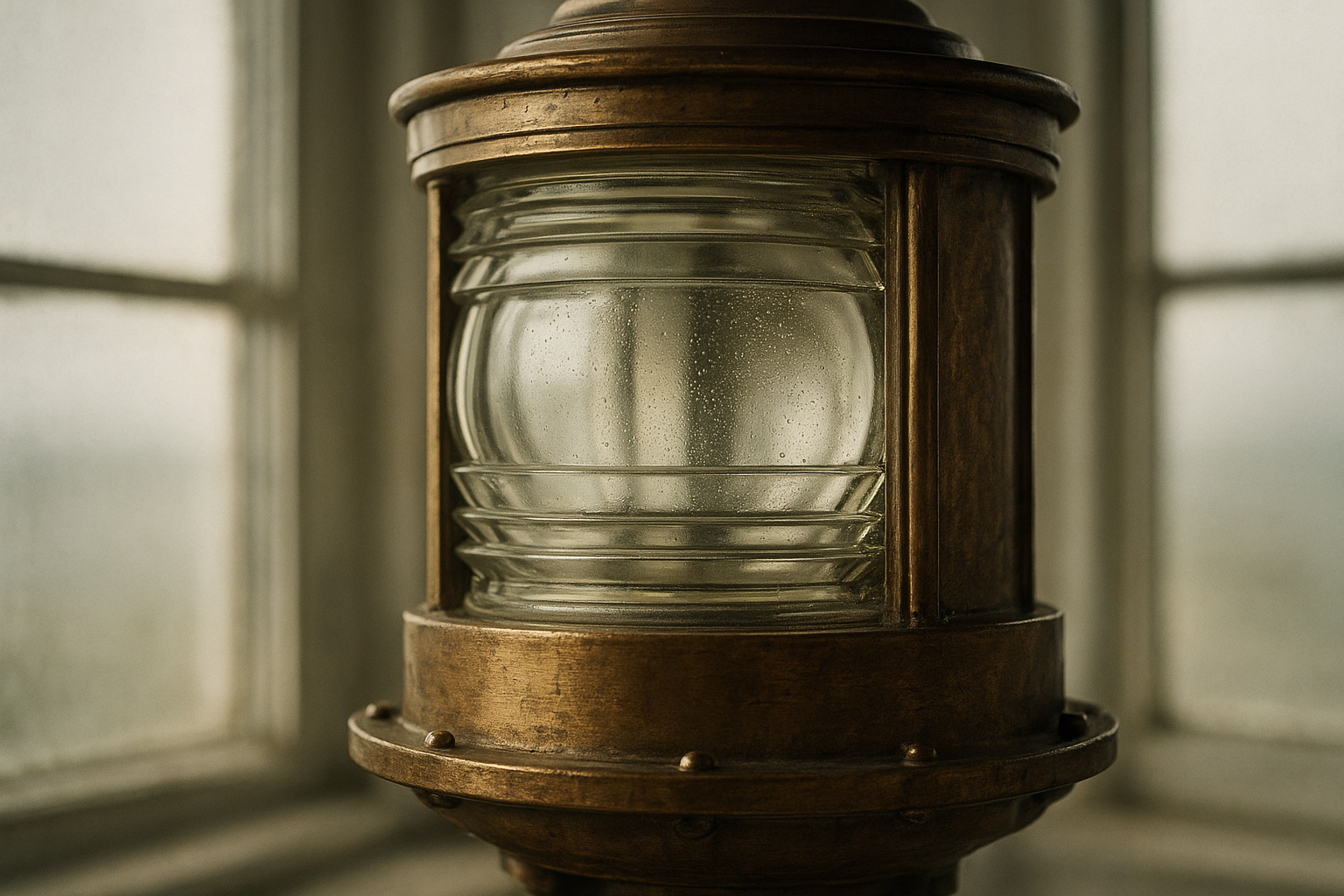 Close detail of brass lantern housing and concentric Fresnel glass with soft window light