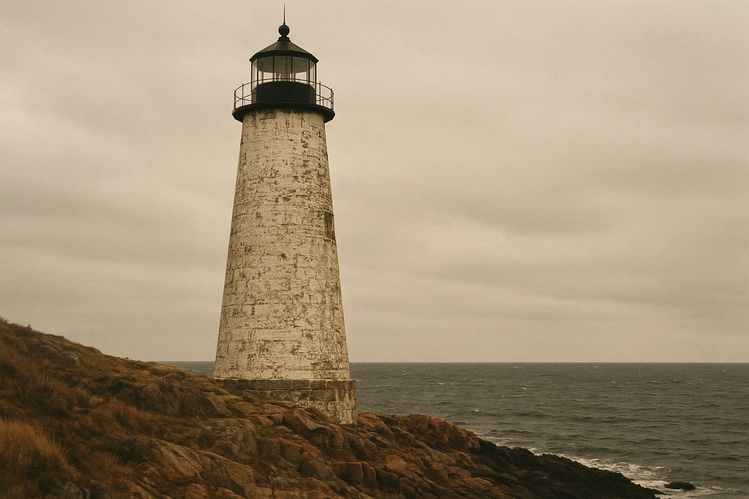 Tall granite lighthouse with weathered white paint and dark sea beyond under overcast sky
