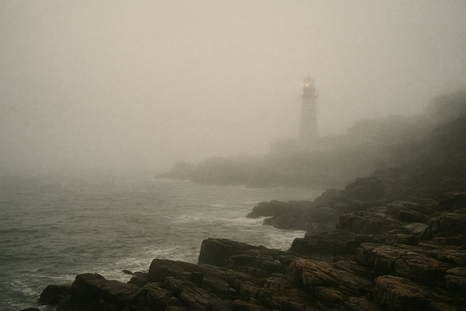 Dense fog bank rolling along rocky shoreline with lighthouse beacon faintly visible