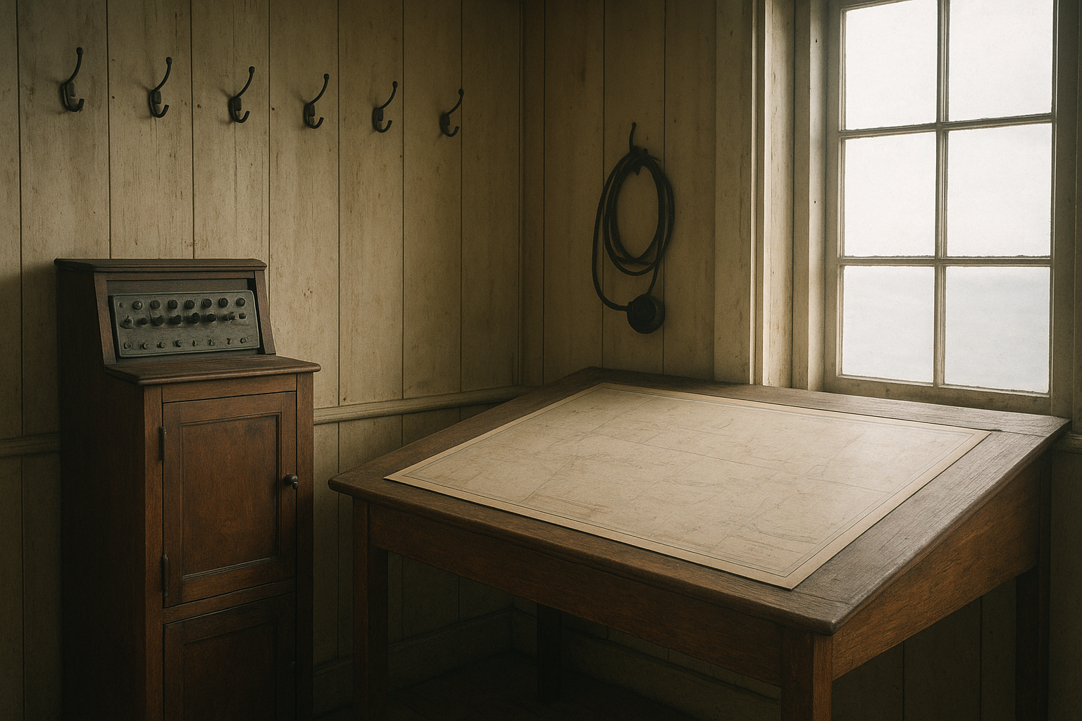 Historic signal room interior with telegraph cabinet, chart table, and coiled speaking tube