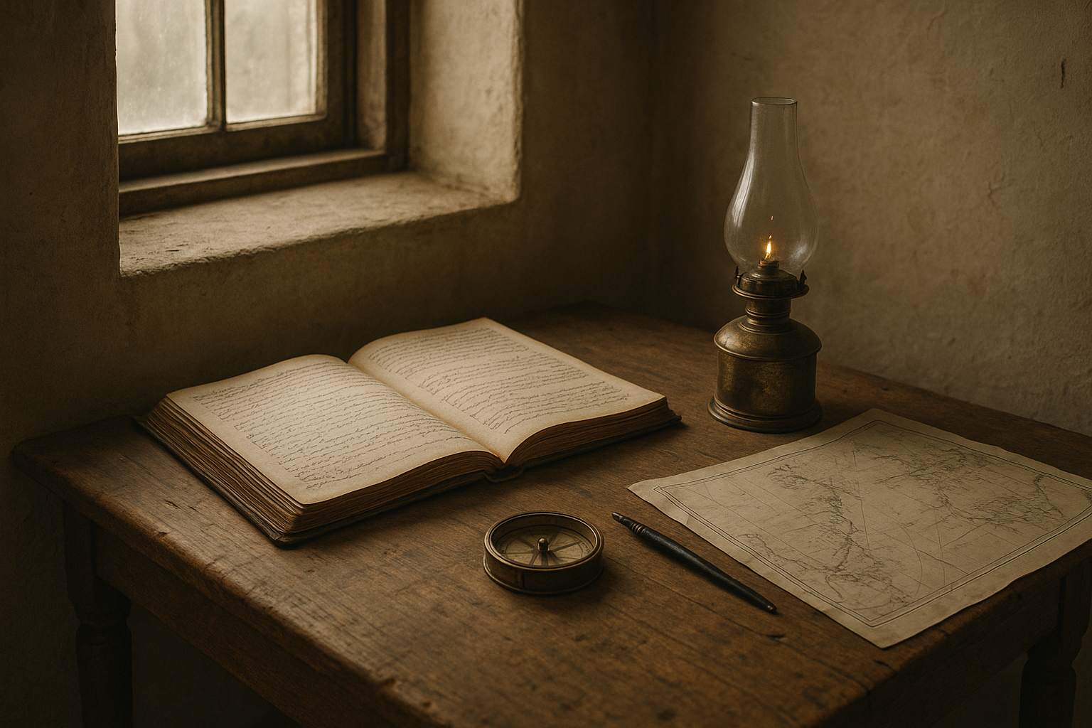 A weathered lighthouse keeper's desk with an open logbook, brass lamp, charts, and sea light through small window