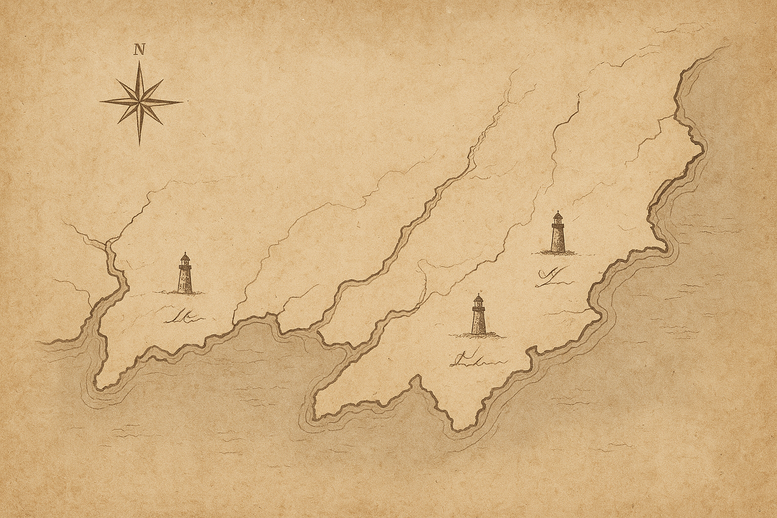 Illustrated archival map of the northern coast with preserved lighthouse tower points and hand-marked shoreline notes