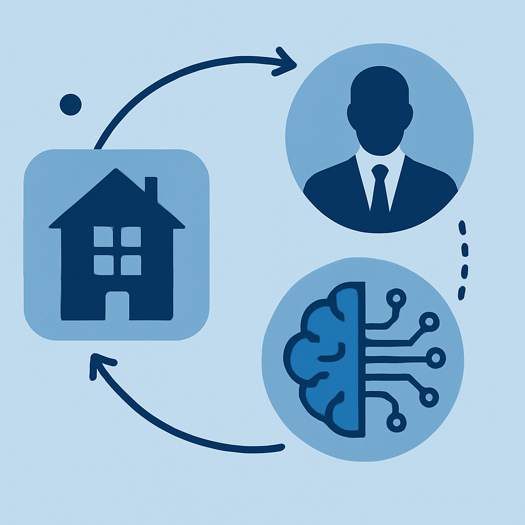 Modern, abstract automation visual showing connected real estate, agent, and AI elements