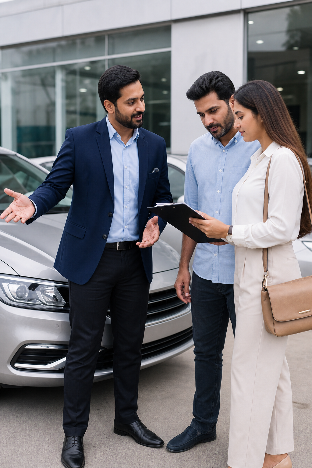 Shams Fiaz consulting clients beside a silver sedan while reviewing vehicle options and pricing notes