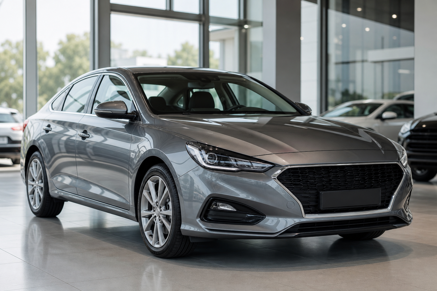 Polished dealership-style vehicle scene with a modern metallic gray sedan parked in a clean showroom with soft daylight and professional presentation