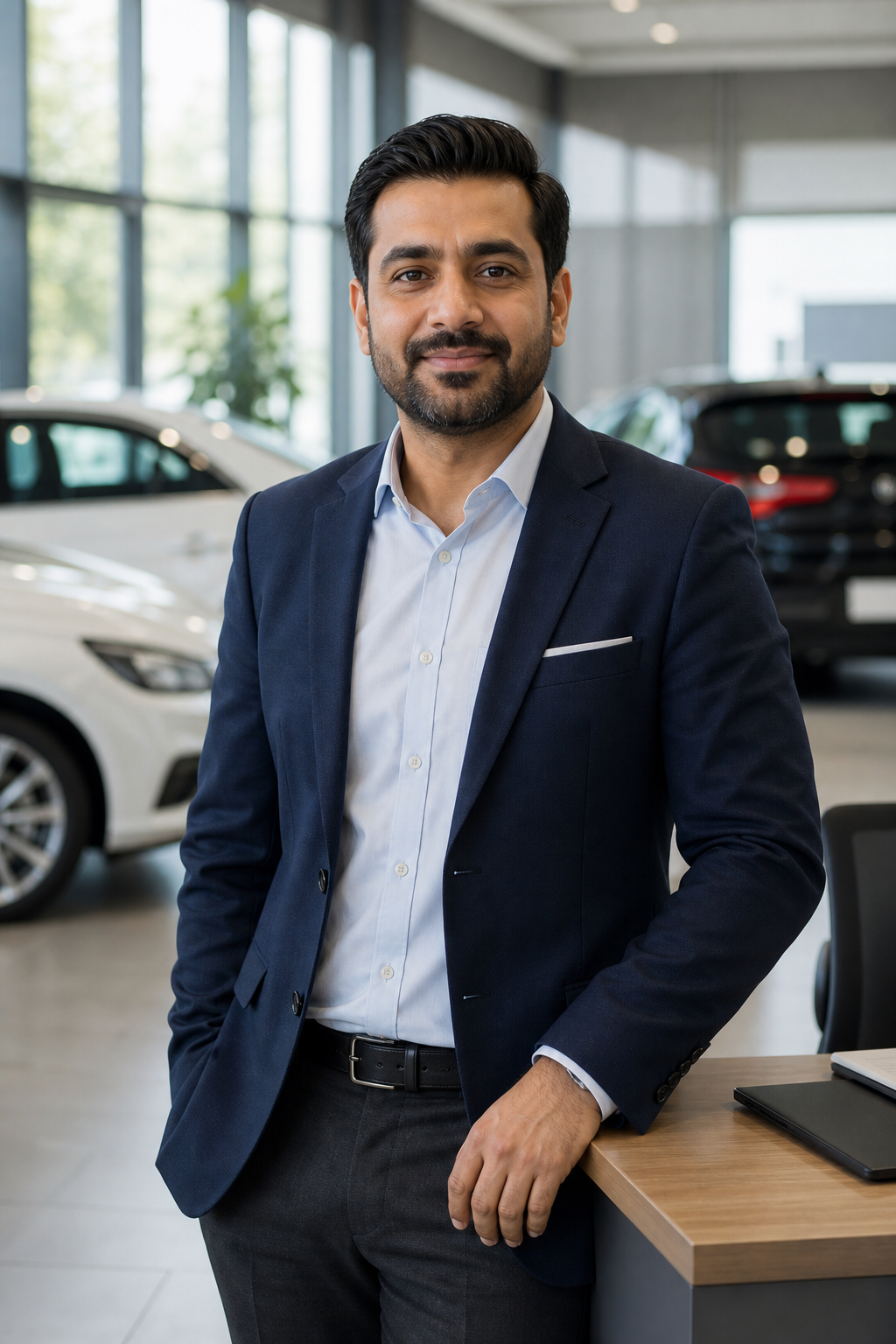 Professional portrait of Shams Fiaz in a clean automotive consulting workspace
