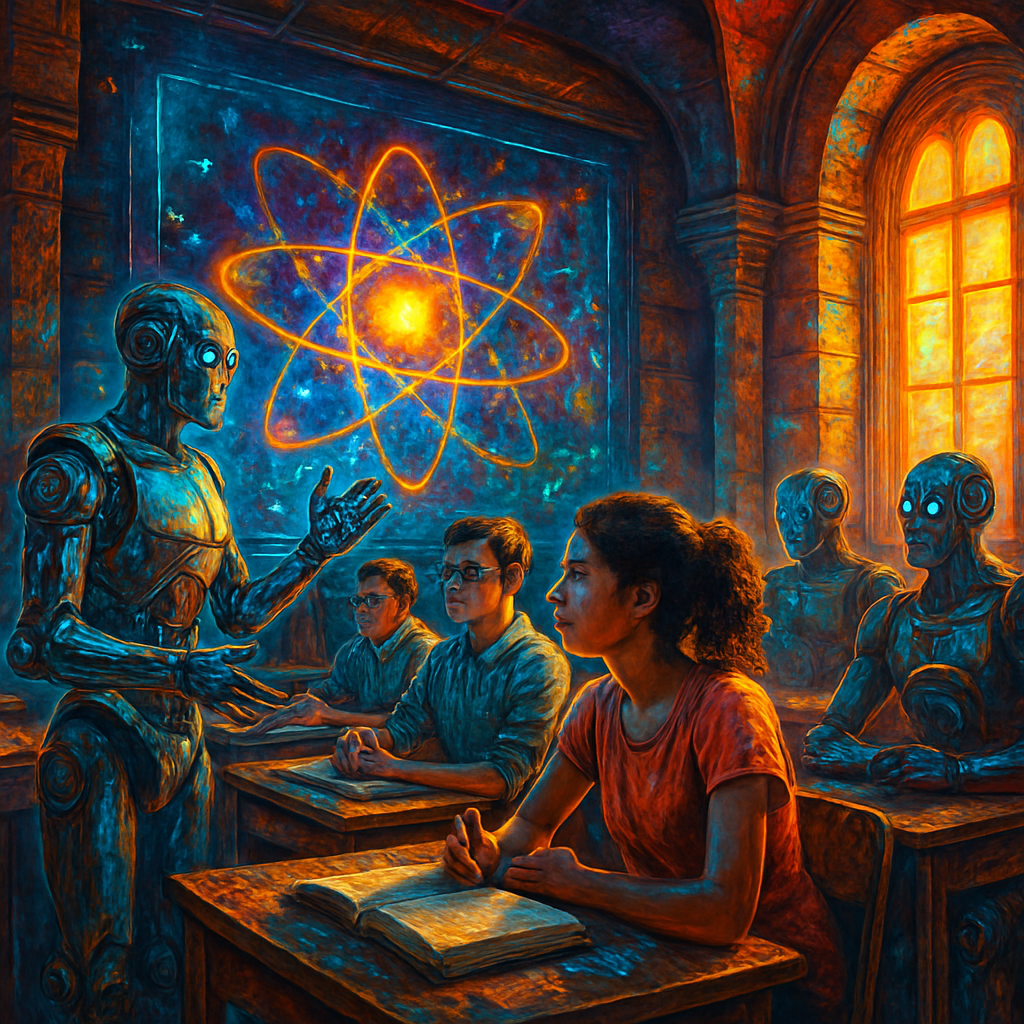 Ancient-futuristic classroom, robots and humans exchanging ideas, quantum visuals