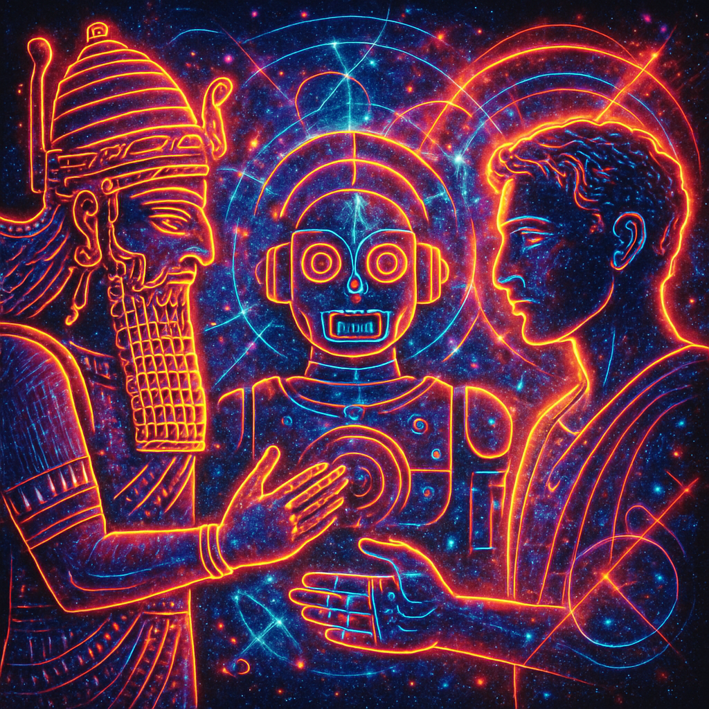 Symbolic fusion of Anunnaki glyphs, robots, and humans, high contrast vibrant look