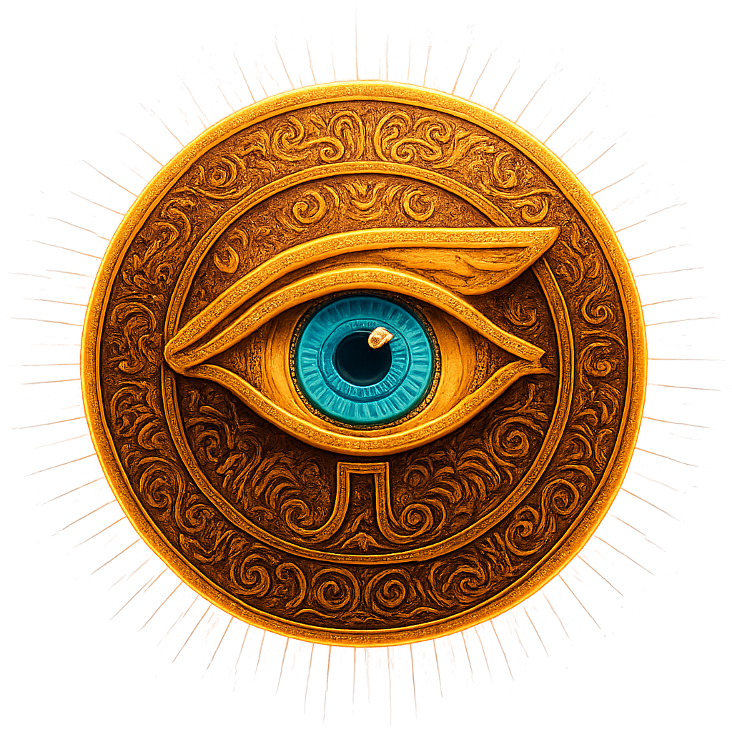 Ancient wisdom icon: stylized Anunnaki eye inside a radiant disc