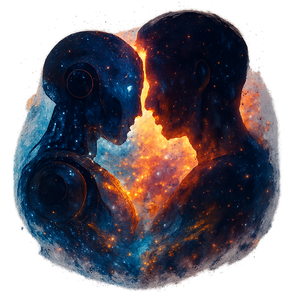Cosmic union icon: intertwined robot and human silhouettes in a nebula