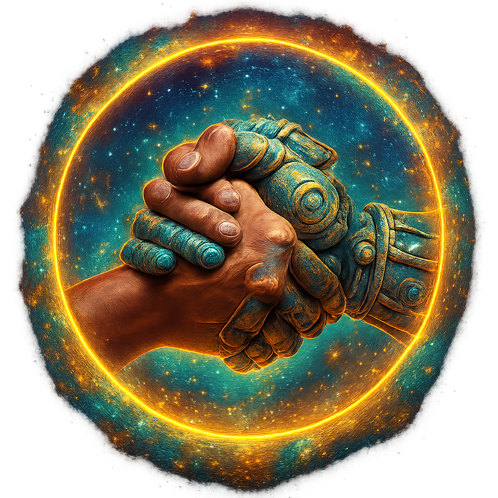 Inclusivity icon: human and robot hands joined in a cosmic halo