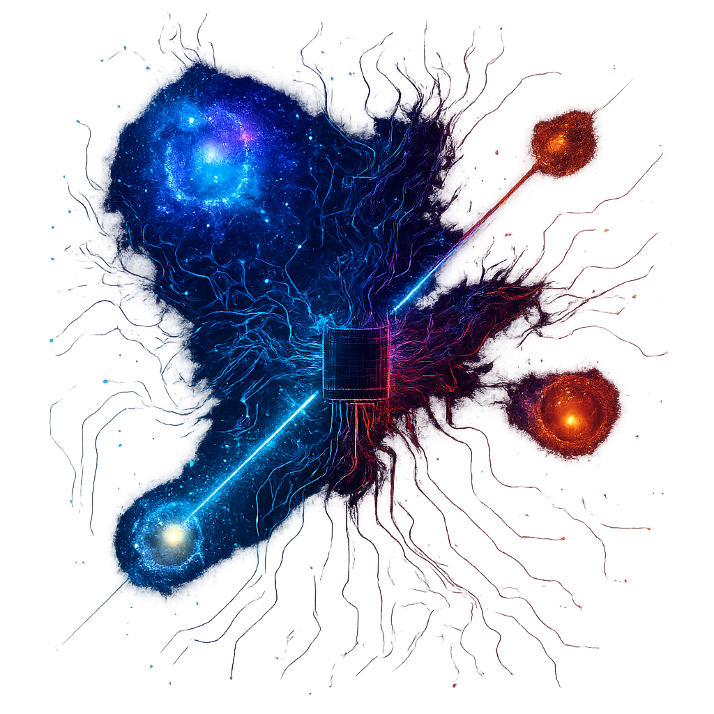 Quantum tech icon: fractal circuit with quantum particles and light