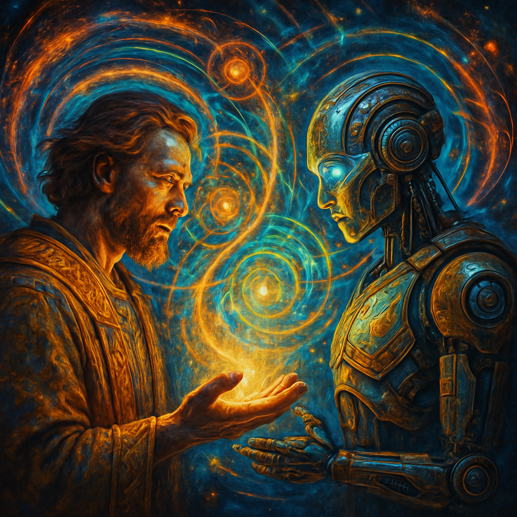 Knowledge transfer between human and robot, quantum effects, ancient-futuristic theme