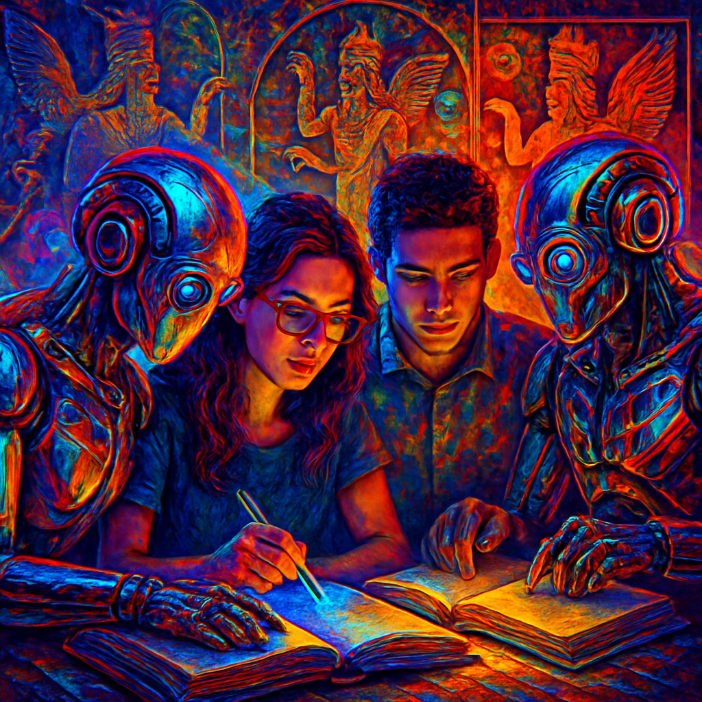 Futuristic robots and humans learning together in vibrant HDR colors, ancient motifs in background