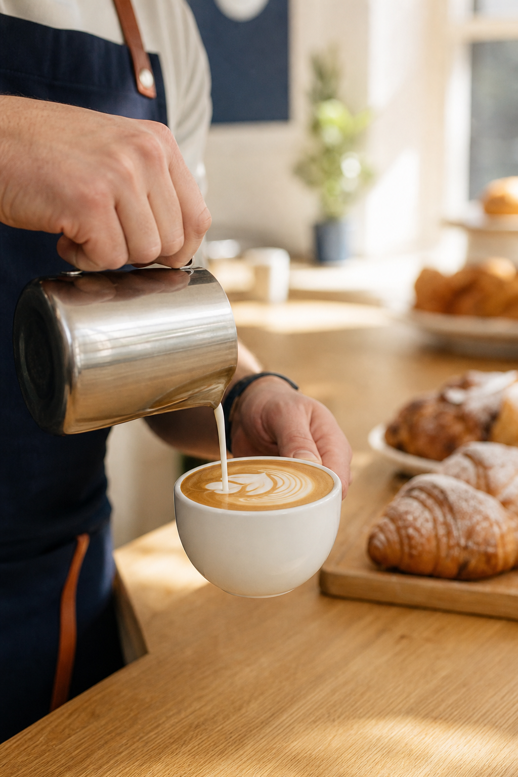 Barista pouring latte art in a warm, light-filled cafe corner with wood counters