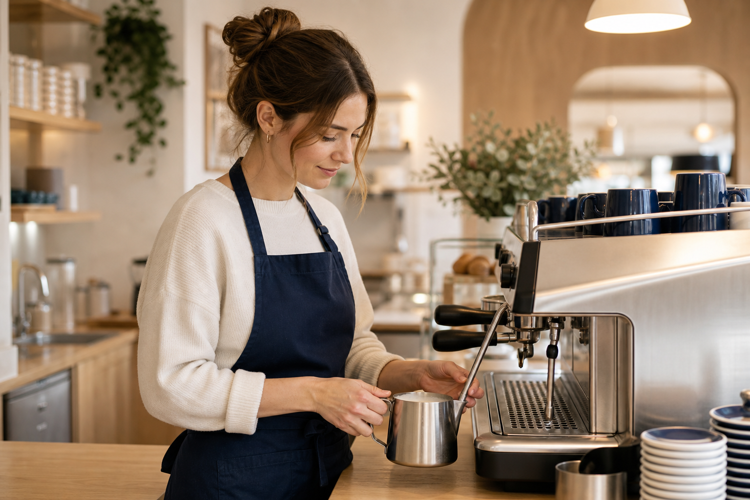 Barista in a navy apron steaming milk at an espresso machine behind a light wood counter