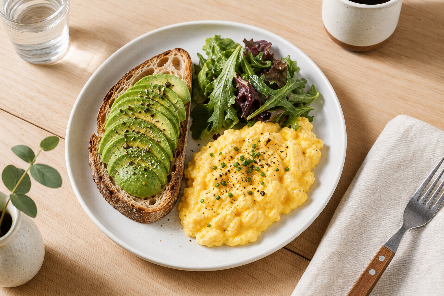 Breakfast plate with soft scrambled eggs, avocado toast on sourdough and a small side salad on a light wood table