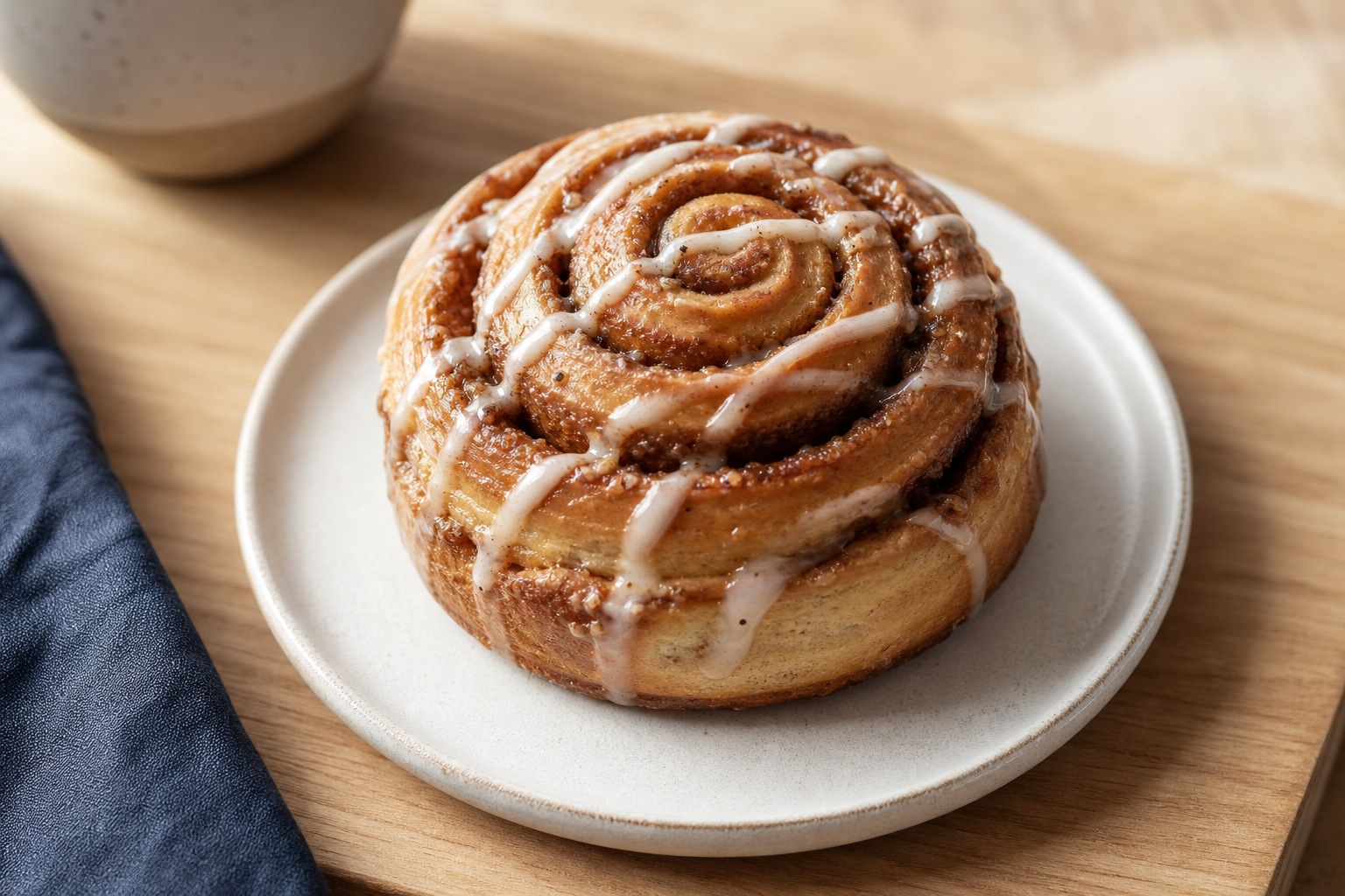 Golden swirled cinnamon bun with vanilla glaze drizzle on a light wood board