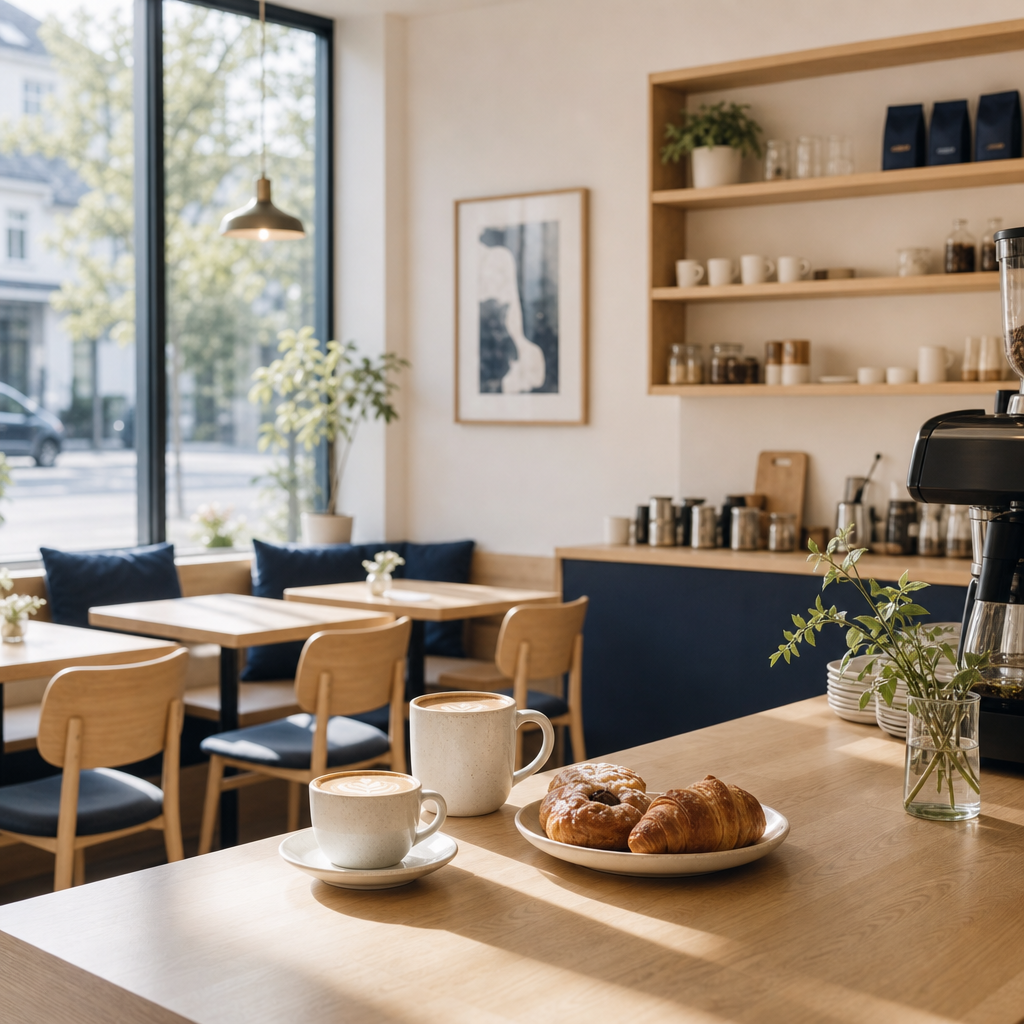 Bright Scandinavian-style cafe interior with pale wood tables, ceramic coffee cups, and soft morning daylight