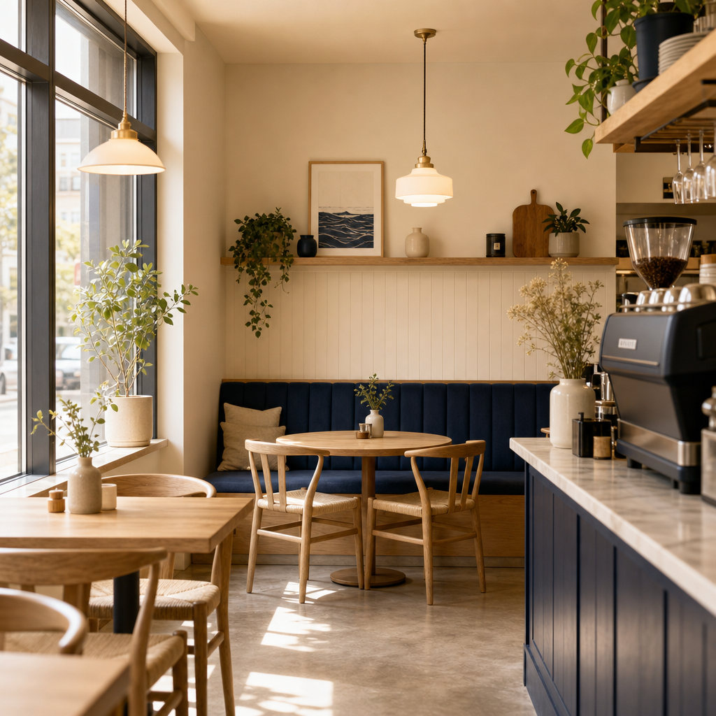 Cozy North Dock Coffee interior with light wood tables, navy banquette seating and warm pendant lighting