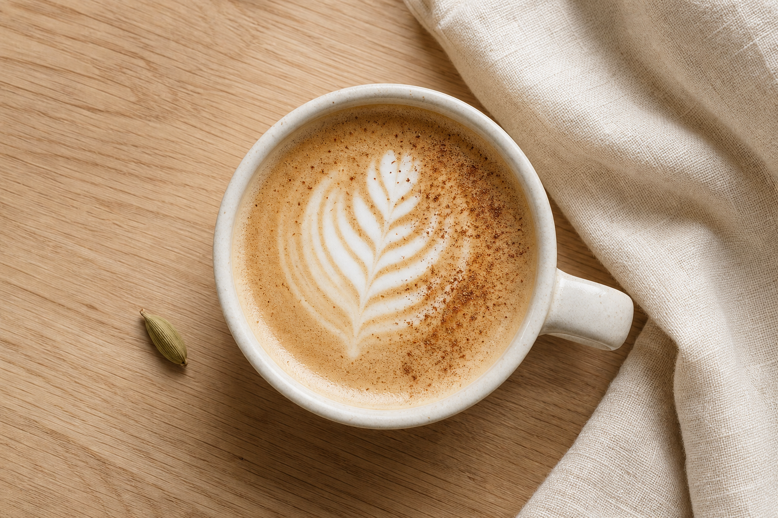 Latte dusted with cinnamon in a matte white cup on a light wood table with a cardamom pod
