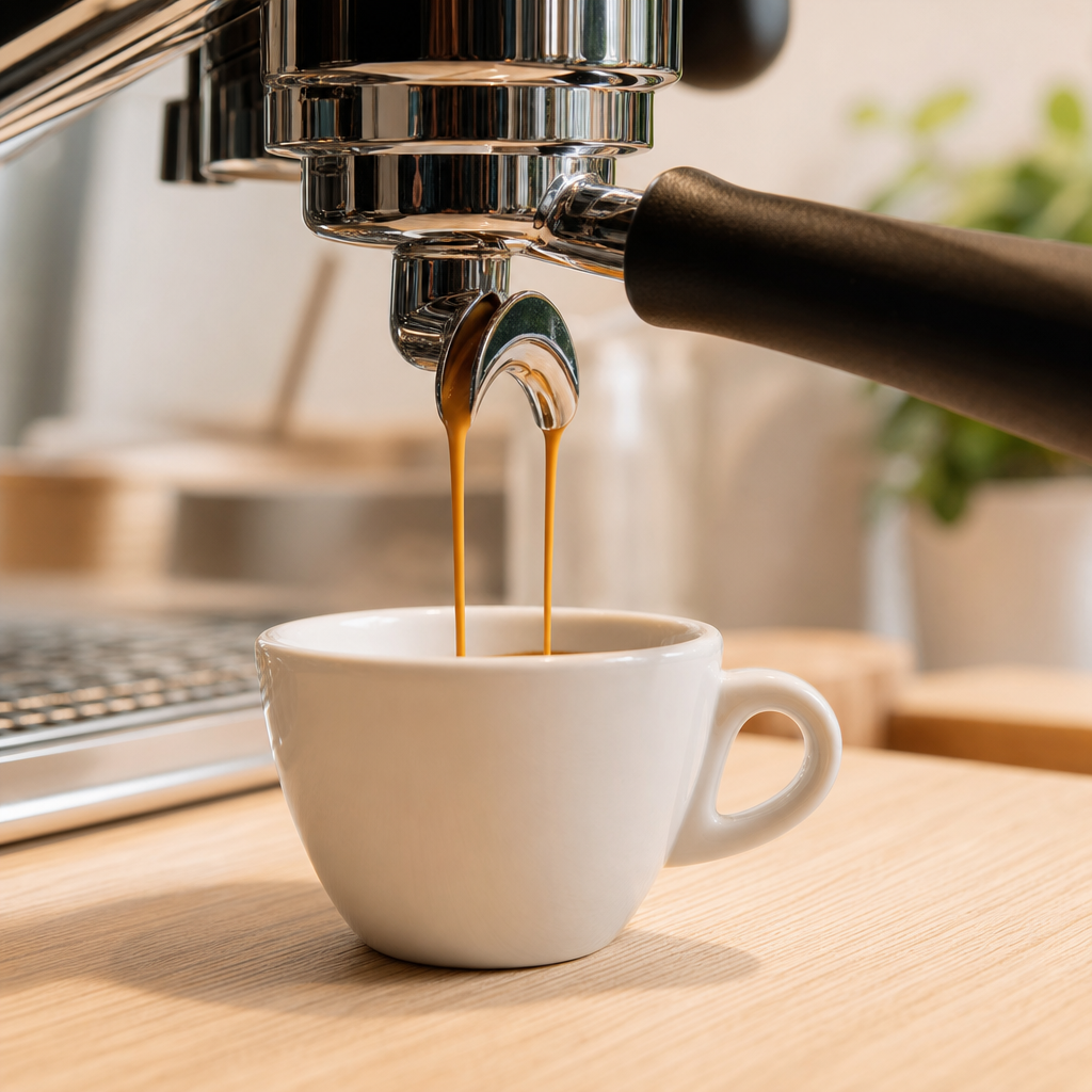 Espresso pouring in a slow golden stream from a chrome portafilter into a white ceramic cup on a light wood counter