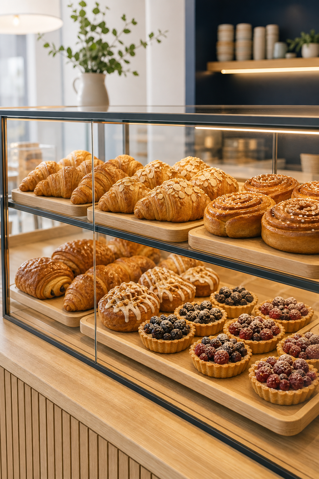 Glass pastry display case with golden croissants, cinnamon rolls and berry tarts on light wood trays