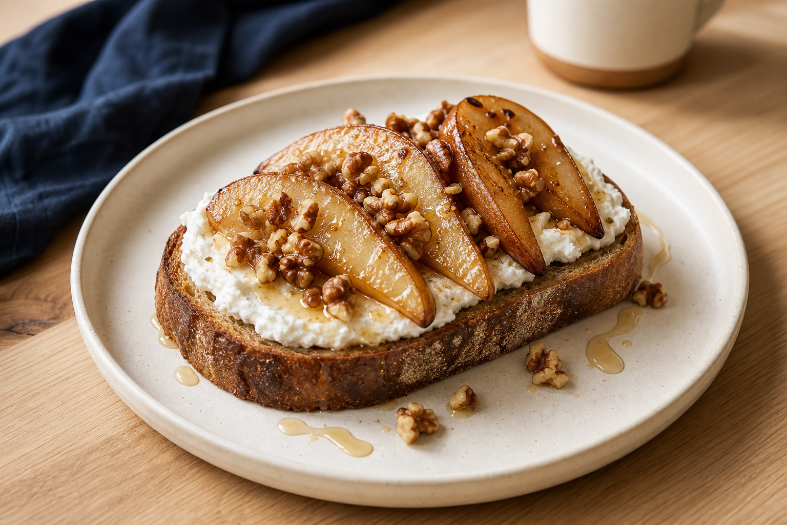 Thick sourdough toast topped with whipped ricotta, roasted pear, honey, and walnuts on an off-white plate