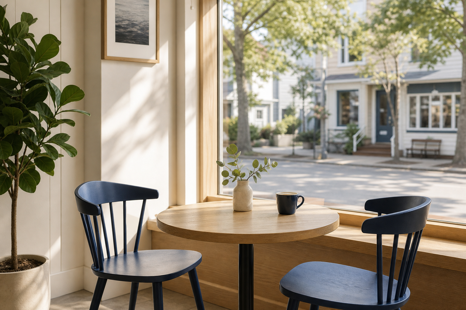 Sunlit window seating area with a round light wood table, navy blue chairs and a potted plant overlooking the street