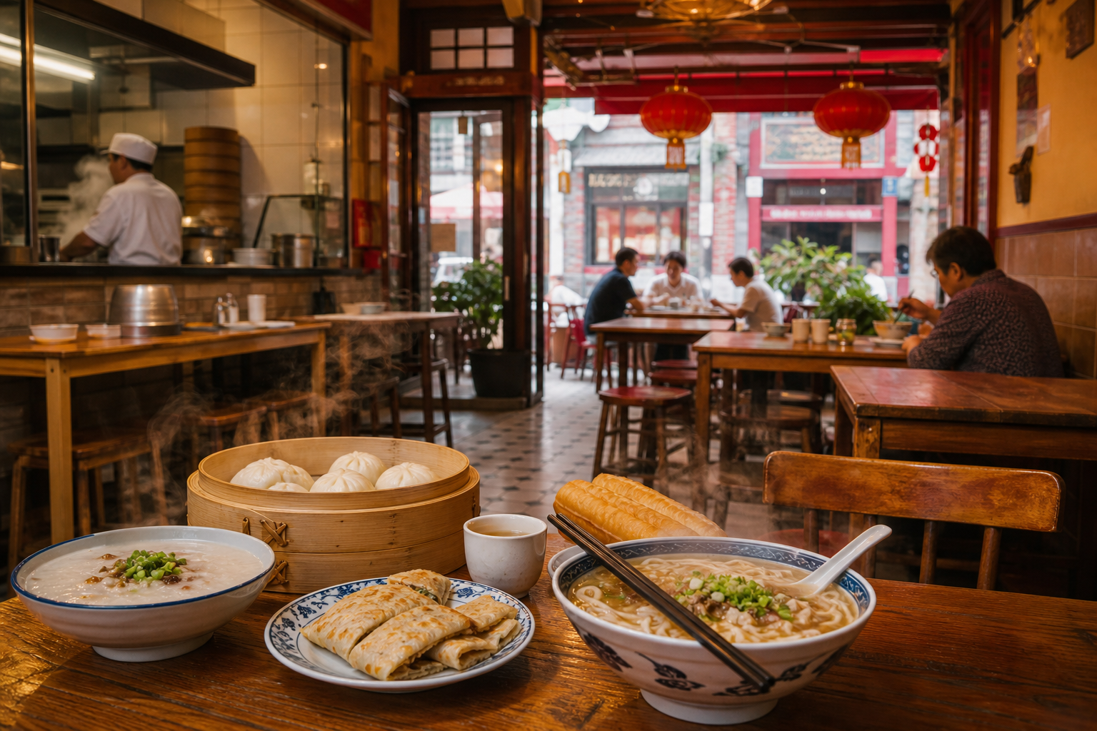 Warm Chinatown breakfast restaurant interior with wooden tables, steaming dishes, and soft morning window light