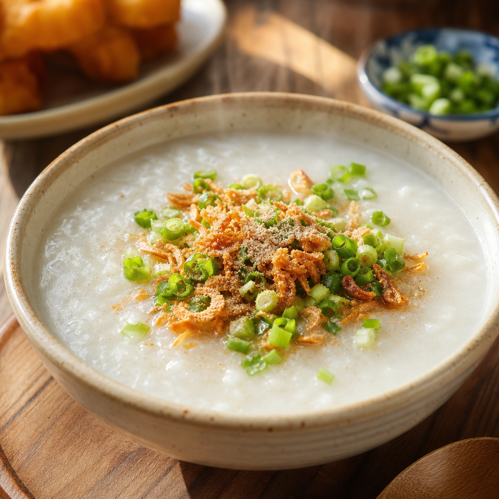 Steaming bowl of silky rice congee topped with scallions, crispy shallots, and white pepper