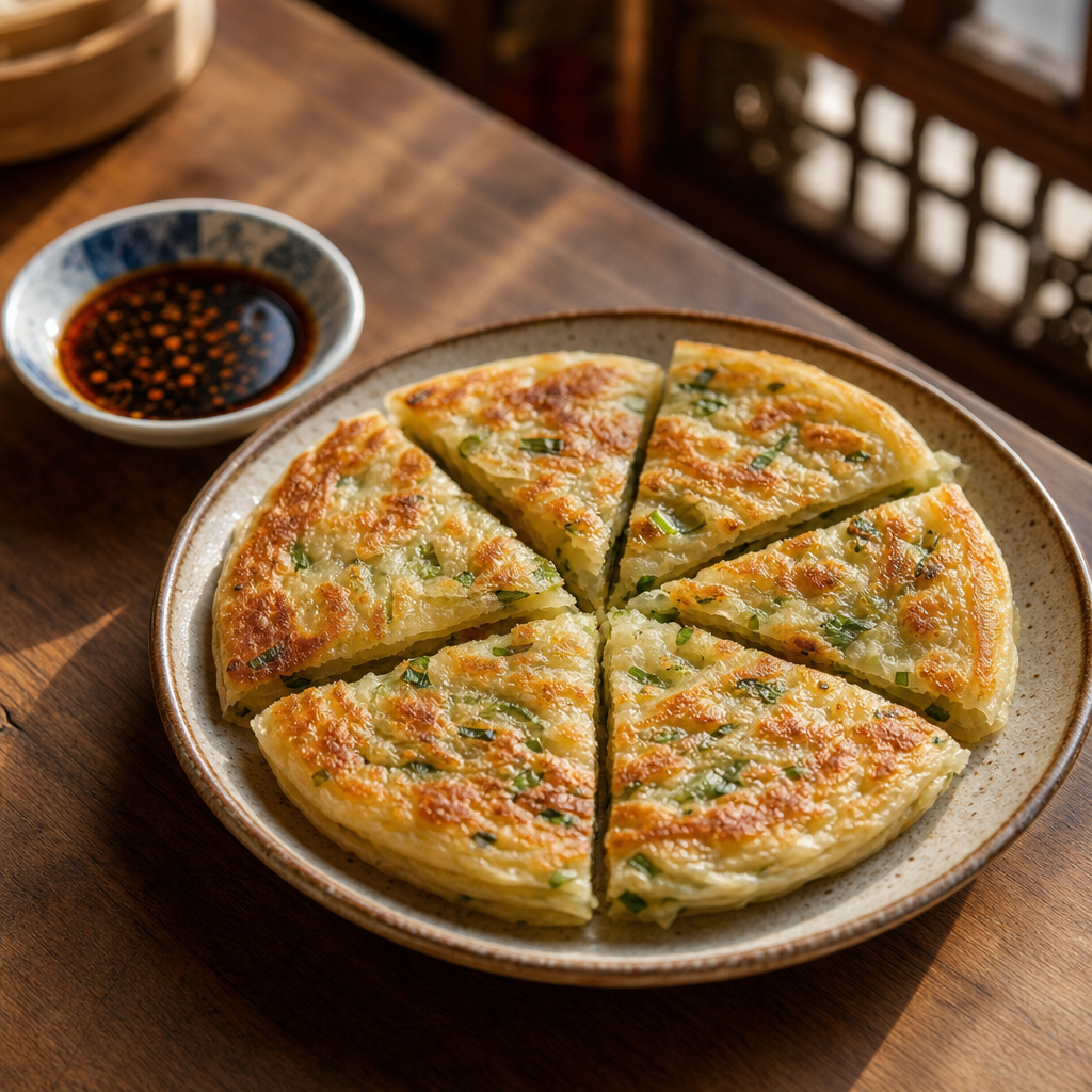 Golden layered scallion pancake on a wooden plate with crisp edges and dipping sauce