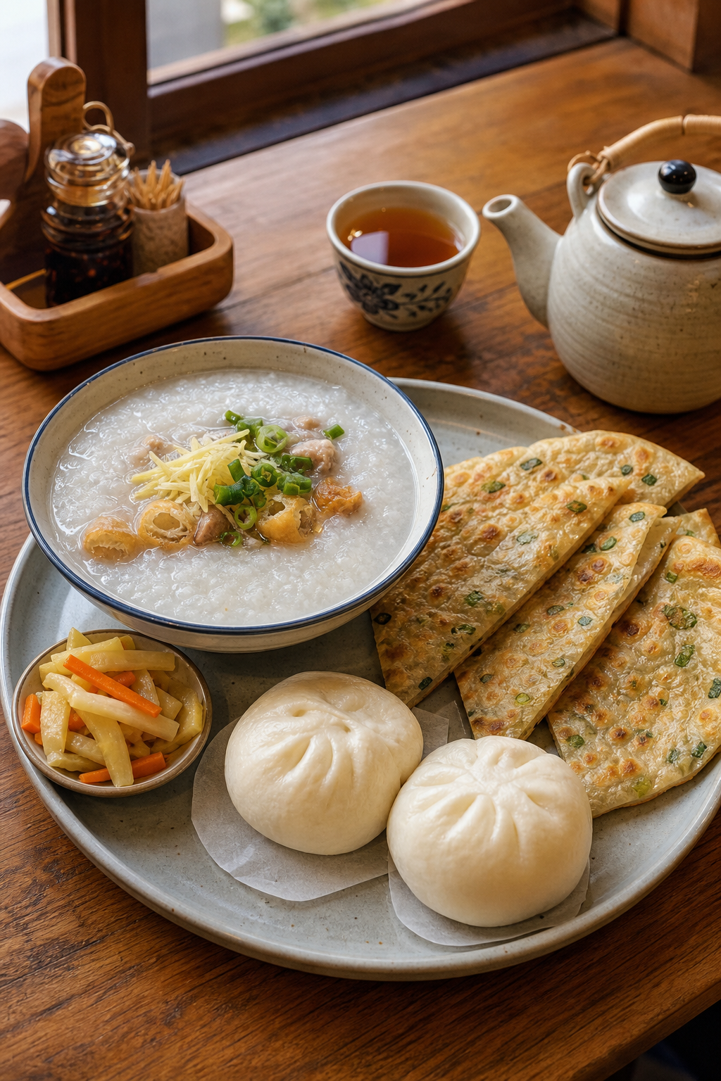 Plated Chinatown breakfast with congee, steamed buns, scallion pancakes, and tea on a wooden table