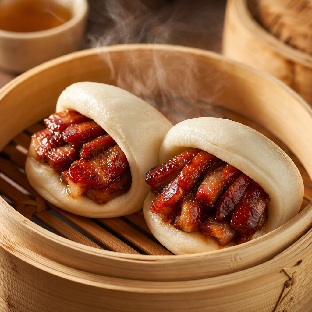 Two fluffy steamed bao buns split open with glossy roast pork filling