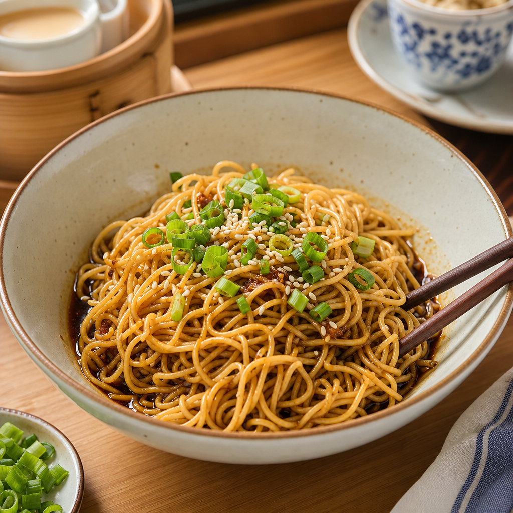 Bowl of springy wheat noodles tossed in soy sauce with fragrant scallion oil and sesame