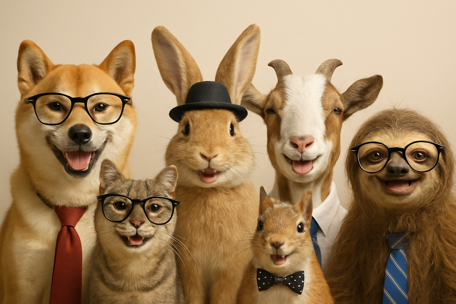 A group of real-looking animals posing together like a quirky office team, smiling and wearing playful accessories like glasses, ties, and hats