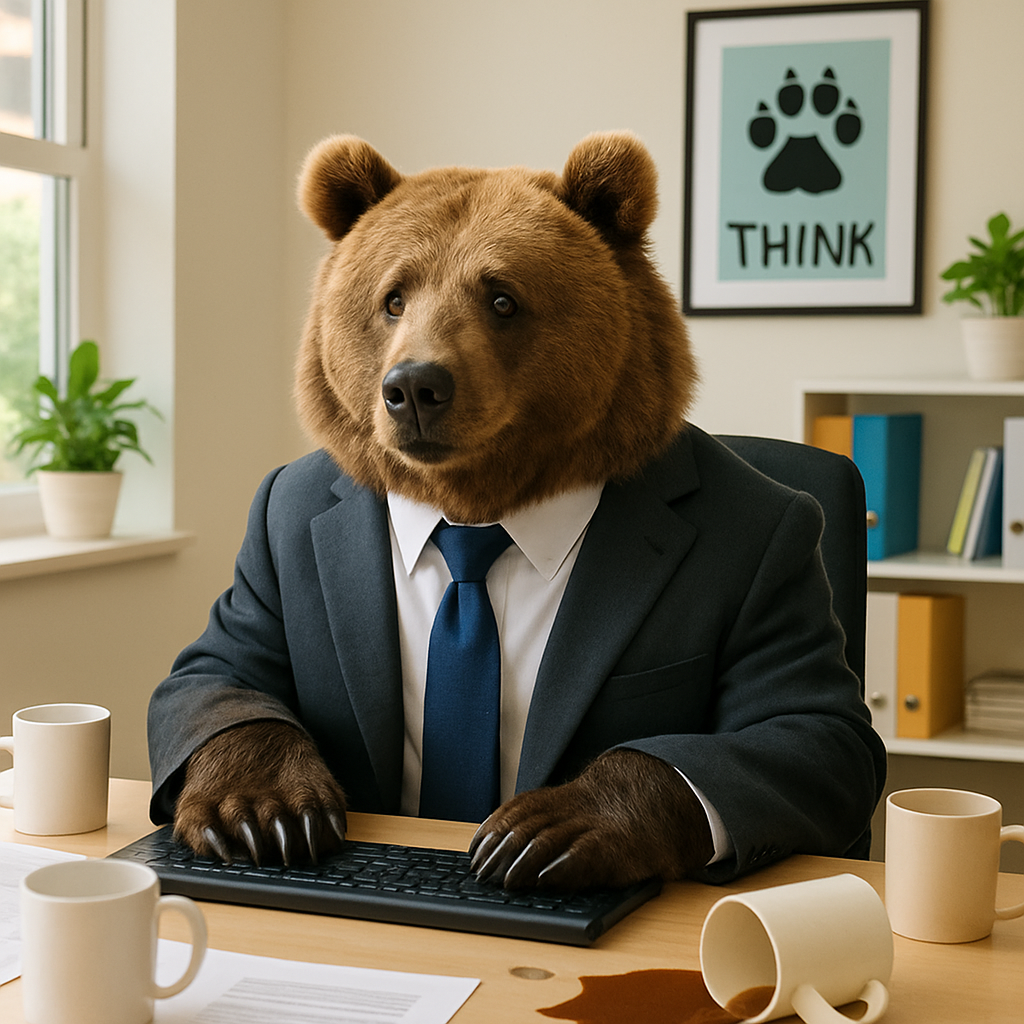 A real-looking bear in a business suit sitting awkwardly at an office desk, paws on a keyboard, surrounded by coffee mugs and paperwork
