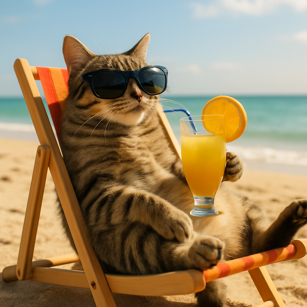 A real-looking cat lounging in a sun chair on the beach, wearing sunglasses and sipping a tropical drink