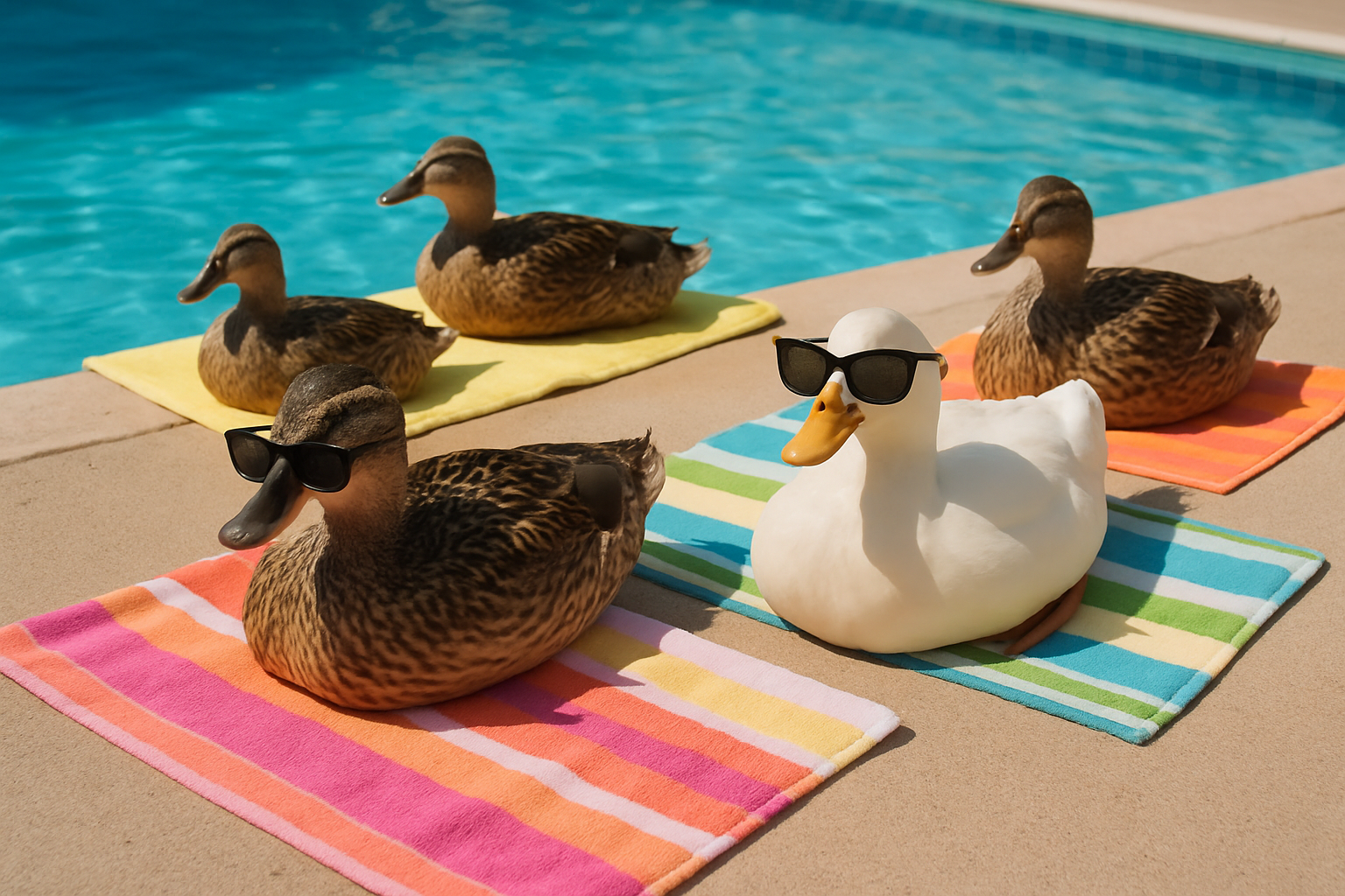 A group of real-looking ducks lounging by a swimming pool, some wearing sunglasses and lying on colorful towels, with a playful, summery vibe.