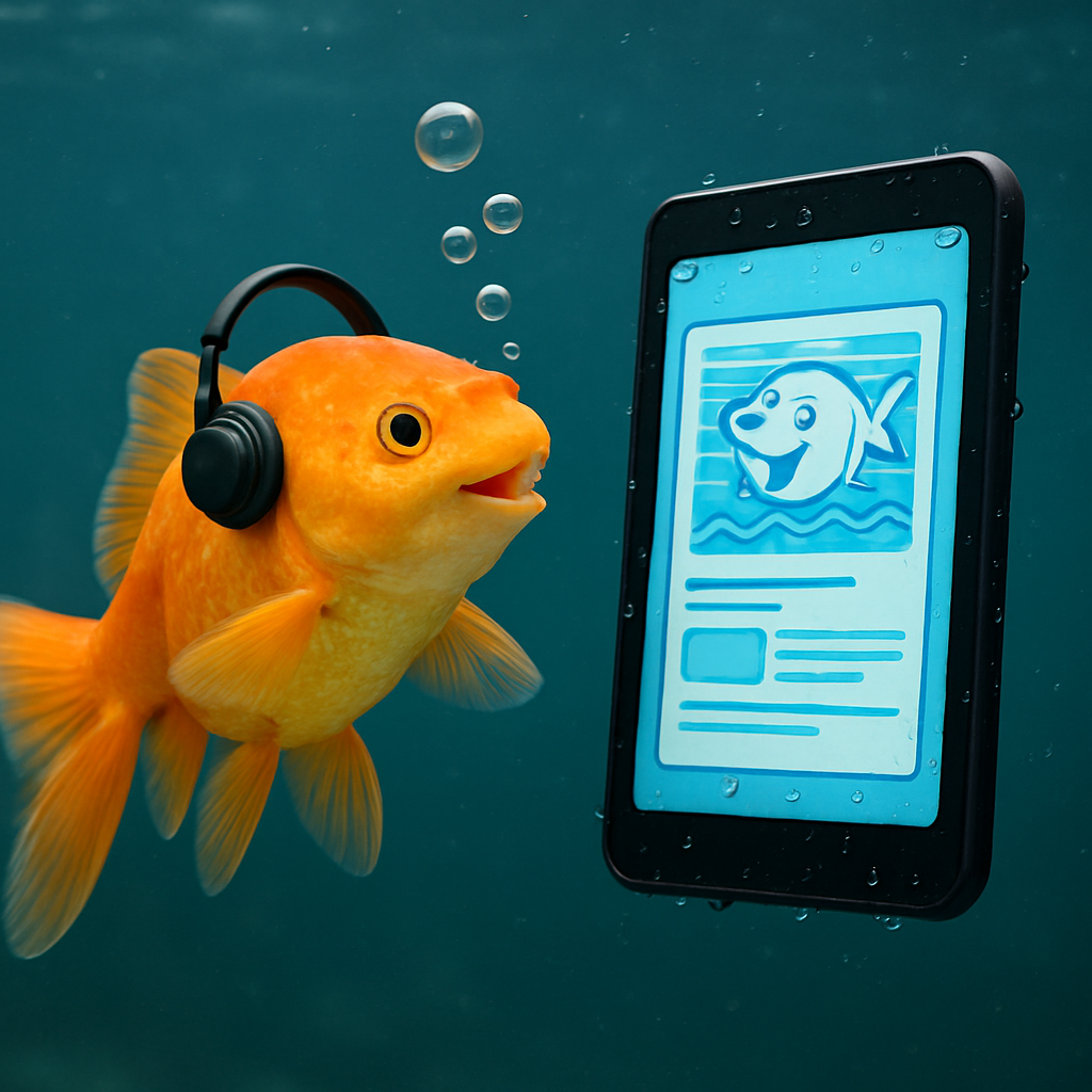 A real-looking goldfish blowing bubbles, wearing tiny headphones, beside a floating waterproof tablet
