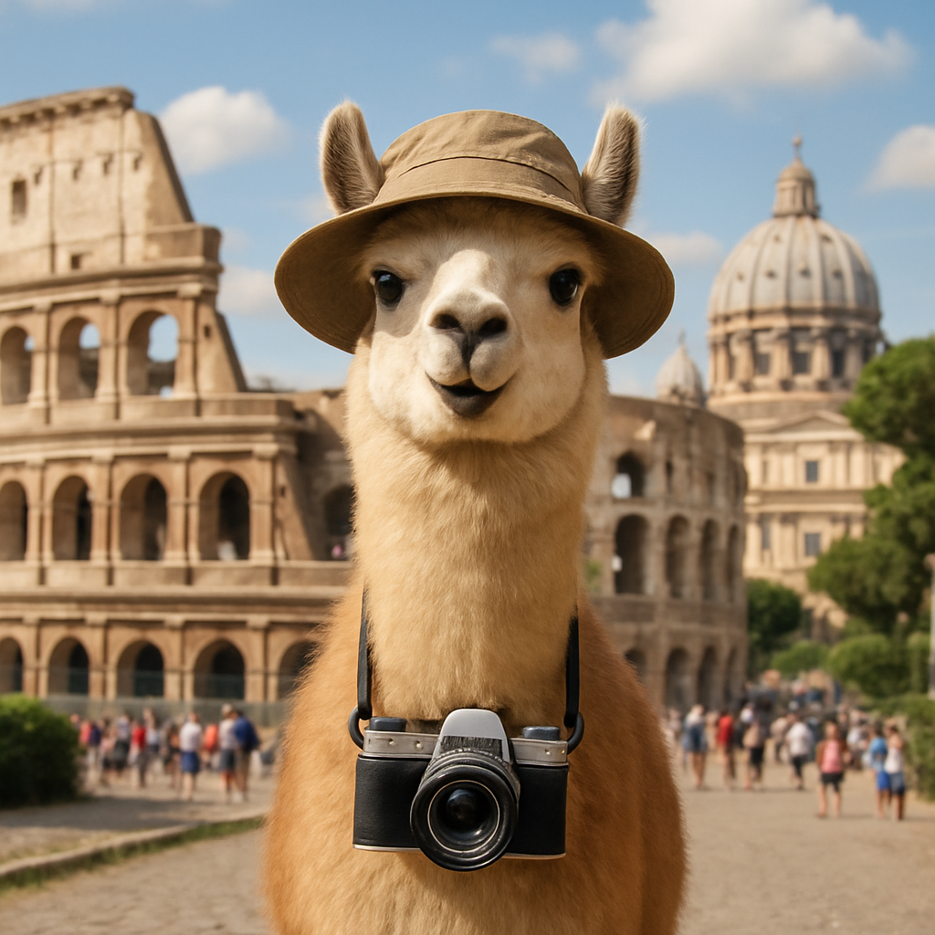 A real-looking llama with a camera around its neck, wearing a travel hat, in front of a touristy backdrop