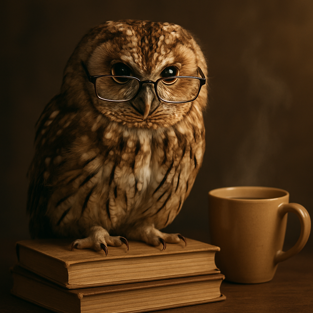 A real-looking owl perched on a stack of books, wearing reading glasses with a mug of tea nearby