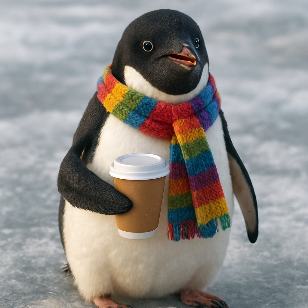 A real-looking penguin with a colorful scarf, holding a coffee cup