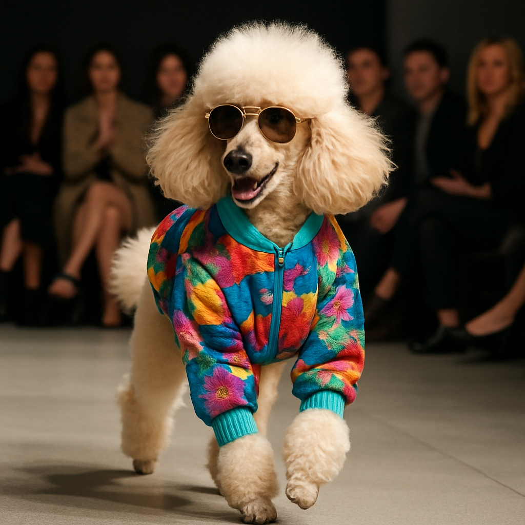 A real-looking poodle strutting down a runway wearing a fashionable, colorful outfit and sunglasses, with an audience in the background