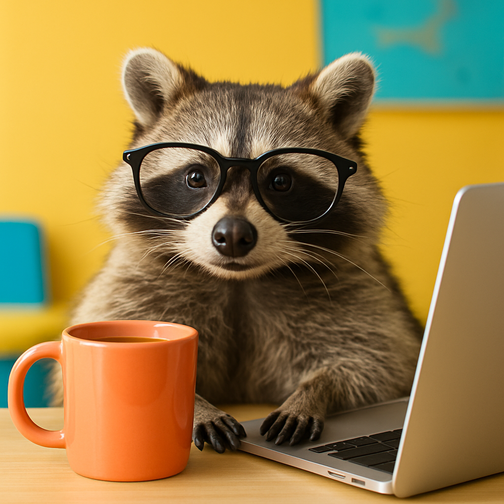 Realistic raccoon wearing glasses, sitting at a desk with a mug and laptop, looking ready for work. Bright, playful lighting.